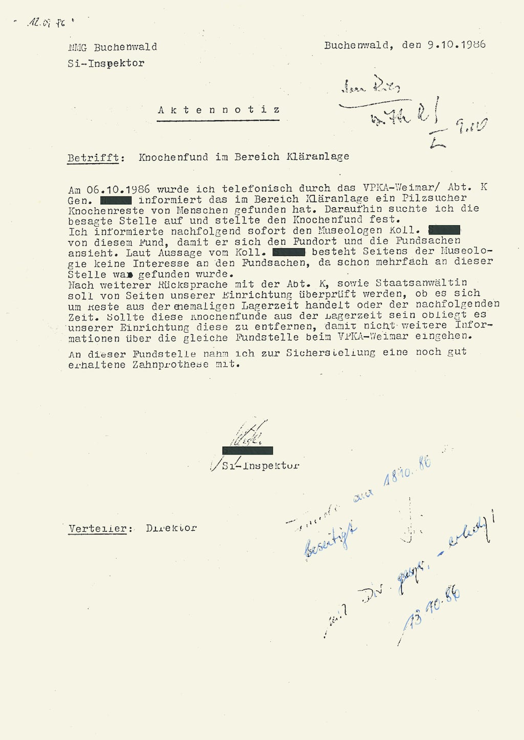 Mitteilung an den Gedenkstättendirektor Klaus Trostorff zu einem Knochenfund Aktennotiz